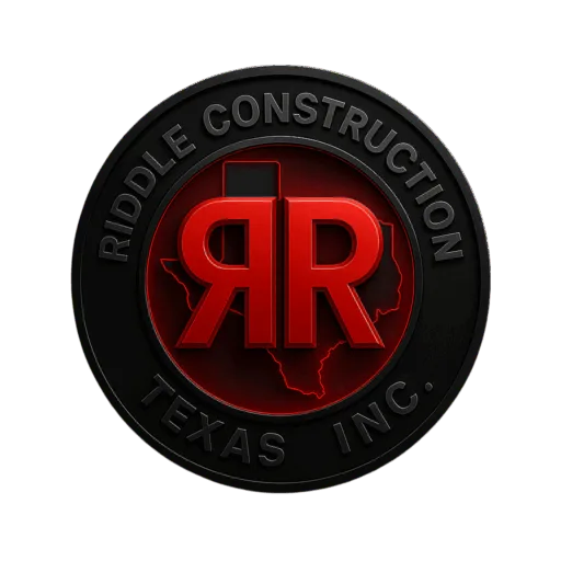 Riddle Construction Texas Inc. logo: bold red mirrored “R” initials overlaying a red outline of Texas inside a black circular badge